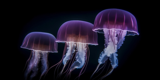 A group of jellyfish in a dark background