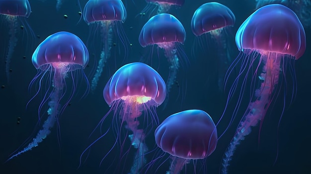 A group of jellyfish in a dark ocean