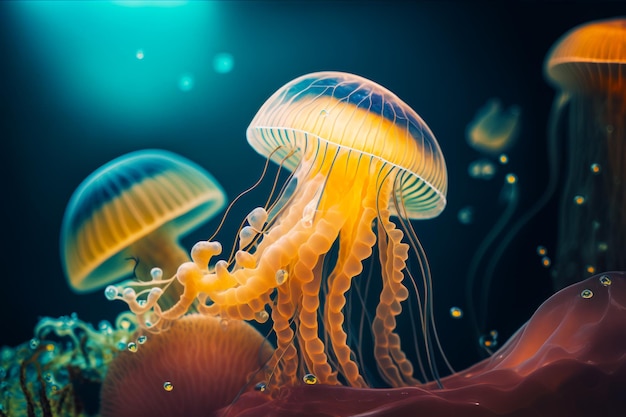 Group of jellyfish floating in the ocean with blue and yellow colors Generative AI