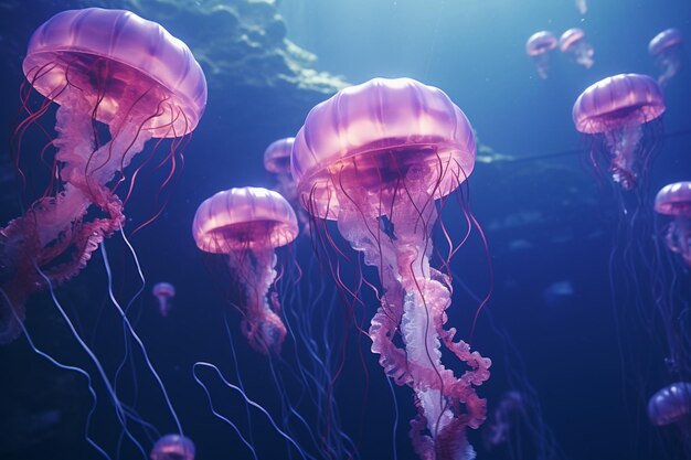 A group of jellyfish swarming in the ocean