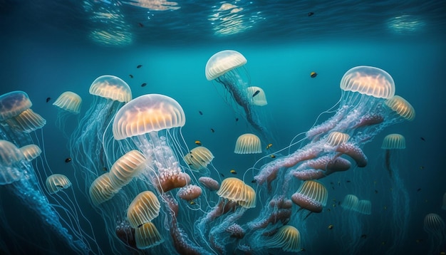 A group of jellyfish swim in the ocean.