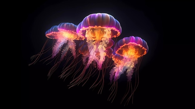 A group of jellyfish with a black background.