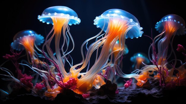 a group of jellyfish with orange and blue tentacles