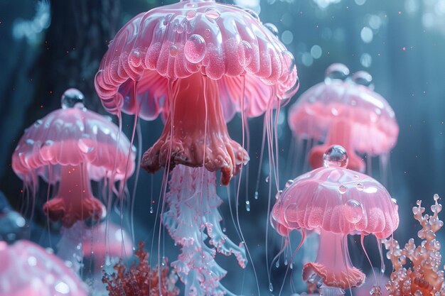 a group of jellyfish with pink jellyfish in the background