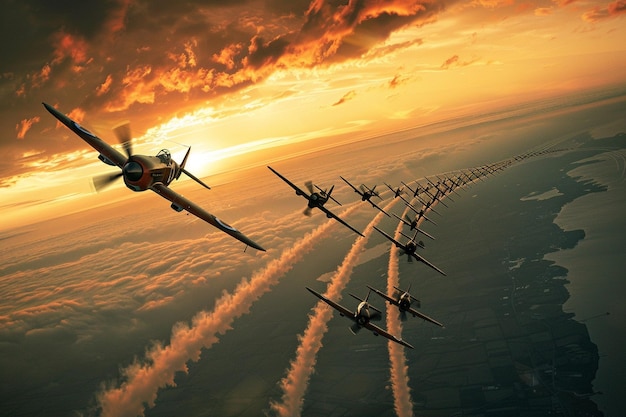 Photo a group of jets are flying in formation with the sun behind them