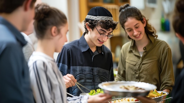 Photo a group of jewish teenagers are serving food at a party the boy in the center is wearing a yarmulke and is smiling