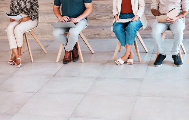 Group job interview and people on chairs in floor mockup and recruitment at digital marketing office Hiring corporate and worker queue at business meeting for opportunity mock up or copy space