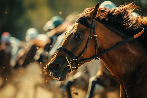 Photo group of jockeys and horses running very fast in a grand prix horse race