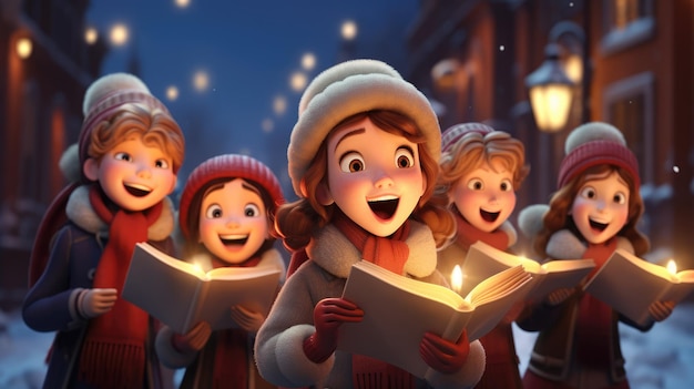 A group of joyful carolers singing Christmas songs under a lamppost in a snowy winter scene