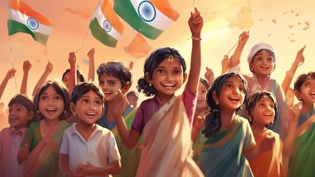 Photo a group of joyful children dressed in traditional indian attire waving flags and singing patriotic