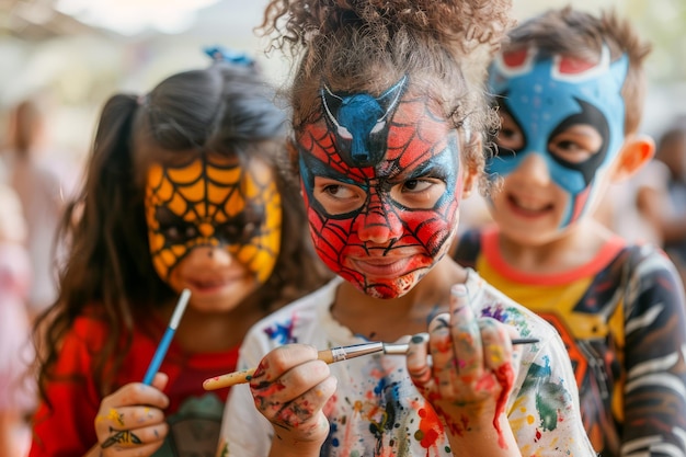 야외 파티 에서 다채로운 얼굴 페인트 를 칠 한 즐거운 어린이 들 의 그룹 은 미소 짓고 페인트 를 보여 준다