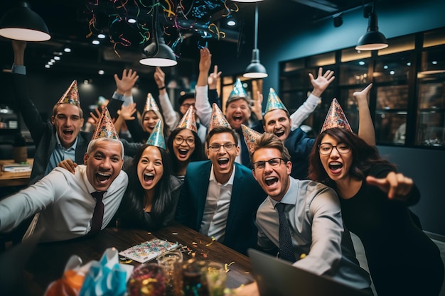 Group of joyful colleague enjoying a party in office New year party celebration concept