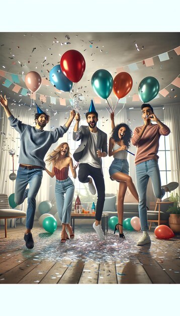 Foto gruppo di persone gioiose che festeggiano con palloncini di confetti e applaudono in un'illustrazione stravagante