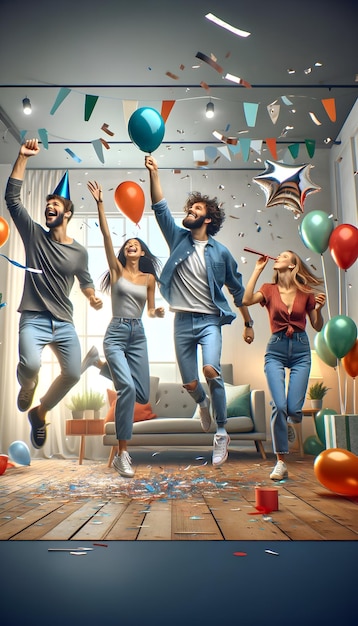 Group of joyful people celebrating with balloons confetti and cheer in a whimsical illustration