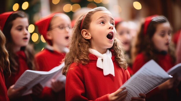 A group of joyful people singing Christmas songs dressed in festive attire with Santa hats and red scarves surrounded by the glow of warm lights