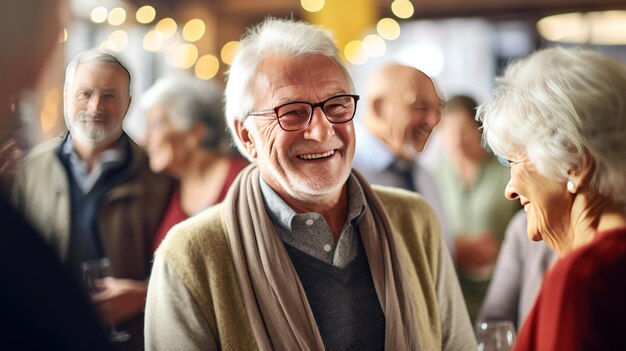 Group of Joyful senior citizens enjoying companionship at a social club