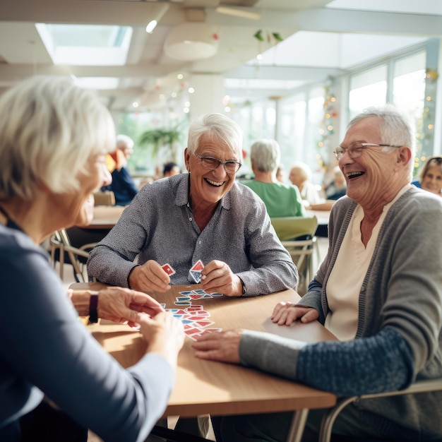 Group of joyful seniors playing cards