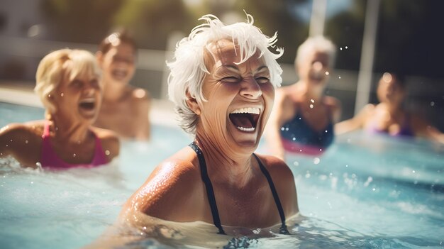 Group of joyful women having a great time in a pool laughing and enjoying t