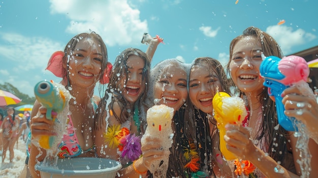 Photo group of joyful young people having fun at a summer water festival under a sunny sky