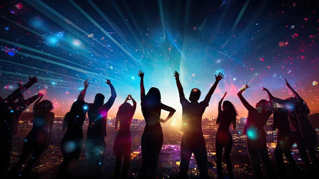 Group of joyful youths dancing at a nightclub It represents nightlife and disco ambiance