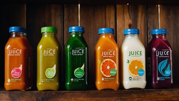 a group of juice bottles lined up on a wooden shelf