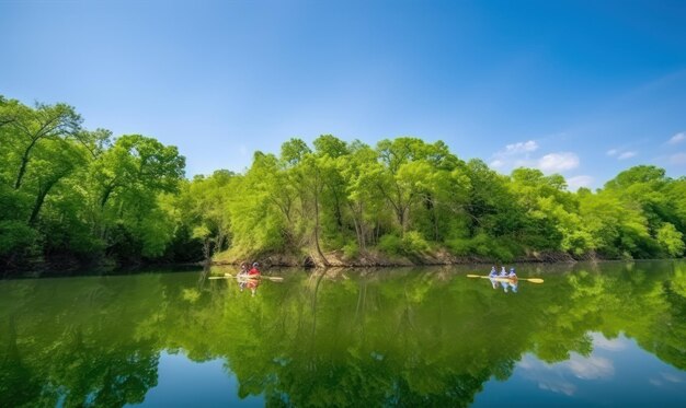 A group of kayakers paddle down a river.