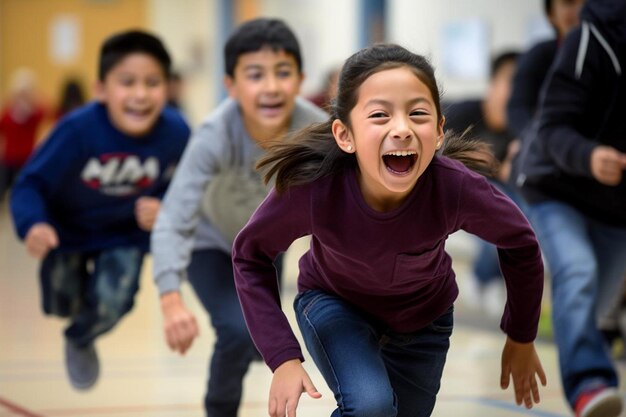 A group of kids are playing with a boy in a blue sweatshirt.