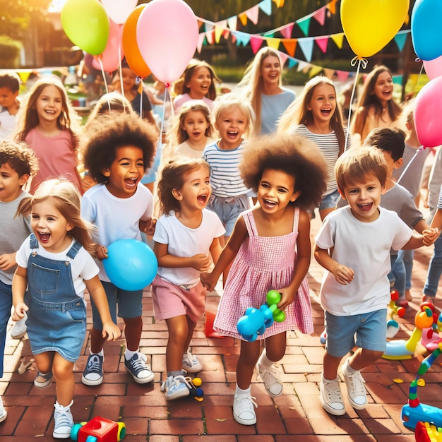 子供たちのグループが風船と風船で走っている