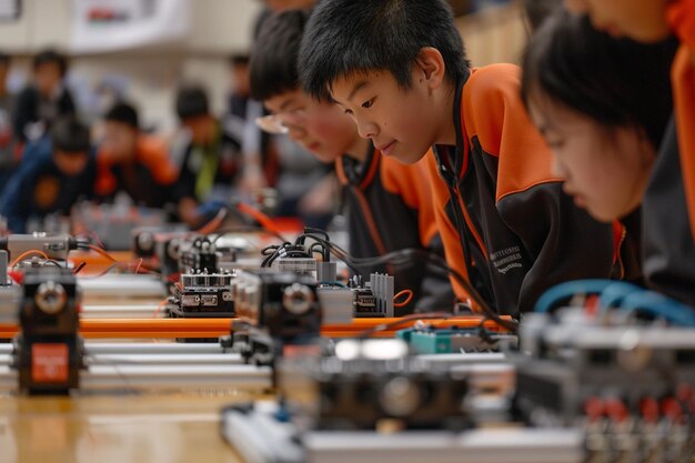a group of kids are working on a machine that has the number 3 on it