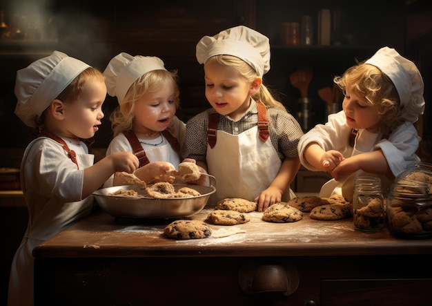 A group of kids baking cookies under adult supervision