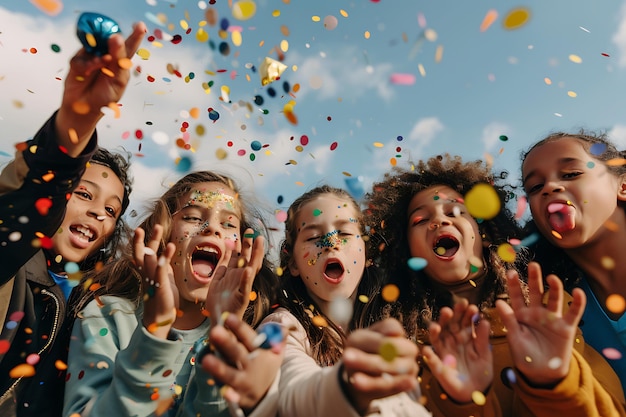 Photo group of kids blowing confetti