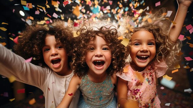 Group of kids blowing confetti