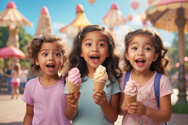 夏の公園でアイスクリーム・ジェラト・コーンを食べている子供のグループ