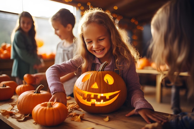 A group of kids carving pumpkins and creating spooky faces