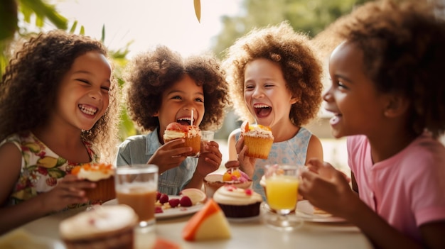 A group of kids gathered around a table laughing and enjoying slices of cake and glasses of juice