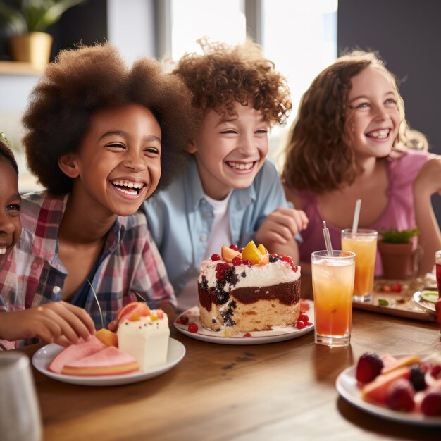 Photo a group of kids gathered around a table laughing and enjoying slices of cake and glasses of juice