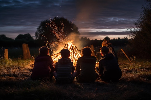 Group of Kids Gazing at the Glowing Bonfire Generative By Ai