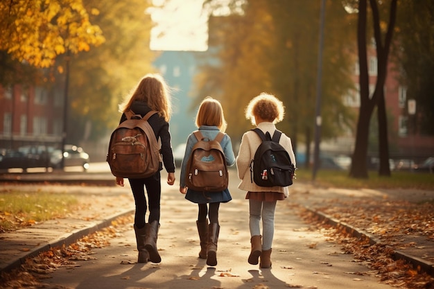 Foto gruppo di bambini che tornano a scuola concetto di apprendimento ed educazione