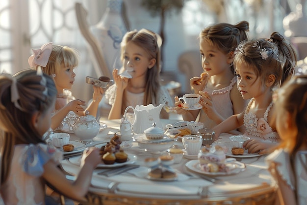 Group of kids having a tea party and pretending to