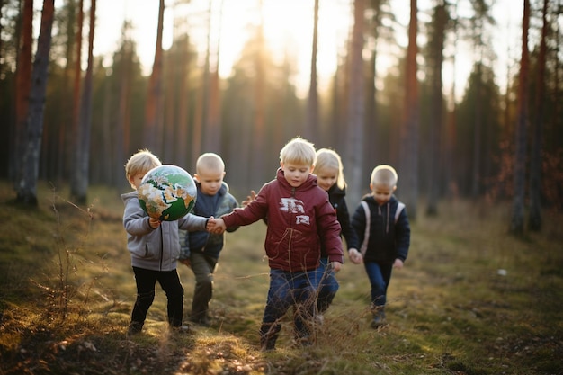 Group of Kids Holding Hands Around a Globe