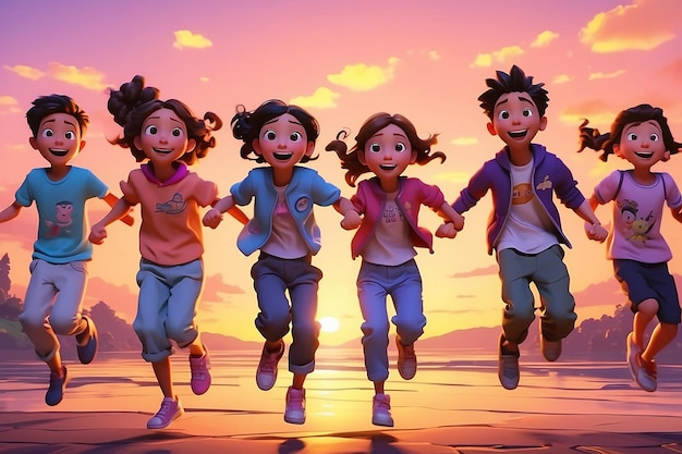 Photo group of kids holding hands and jumping in unison at sunset captured