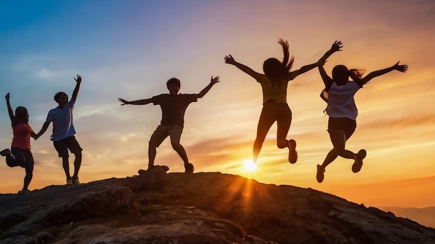 a group of kids jumping on a mountain with the sun behind them