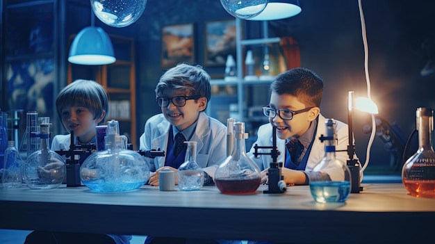 Группа детей в лабораторных халатах проводит эксперименты в детском дне лаборатории