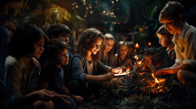 Group of kids looking at a bonfire in a dark forest Cute children playing in woods