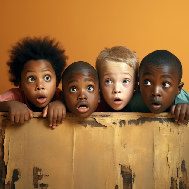 Foto un gruppo di bambini che guardano attraverso un muro