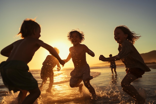 Photo group of kids playing on beach generative ai