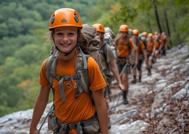 Foto gruppo di bambini che giocano in un campo estivo bambini gioiosi che fanno attività di avventura in una telecamera naturale