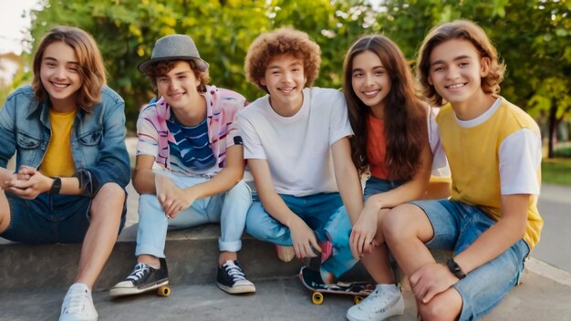 Photo a group of kids posing for a photo with a girl wearing a hat and a hat