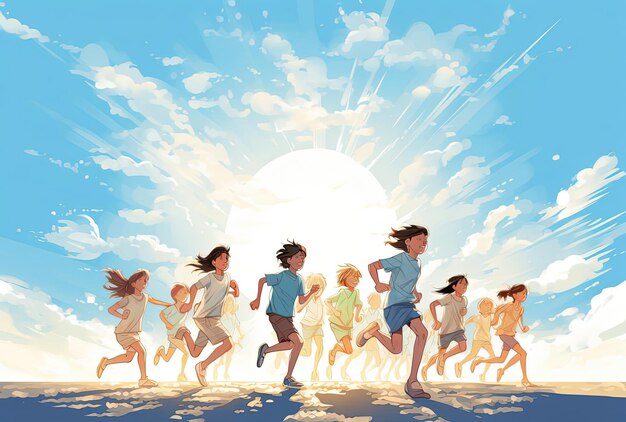 Photo a group of kids running in front of an open frame and sun in the style of psychological symbolism