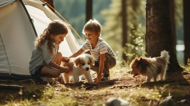 Photo a group of kids setting up small tent for background